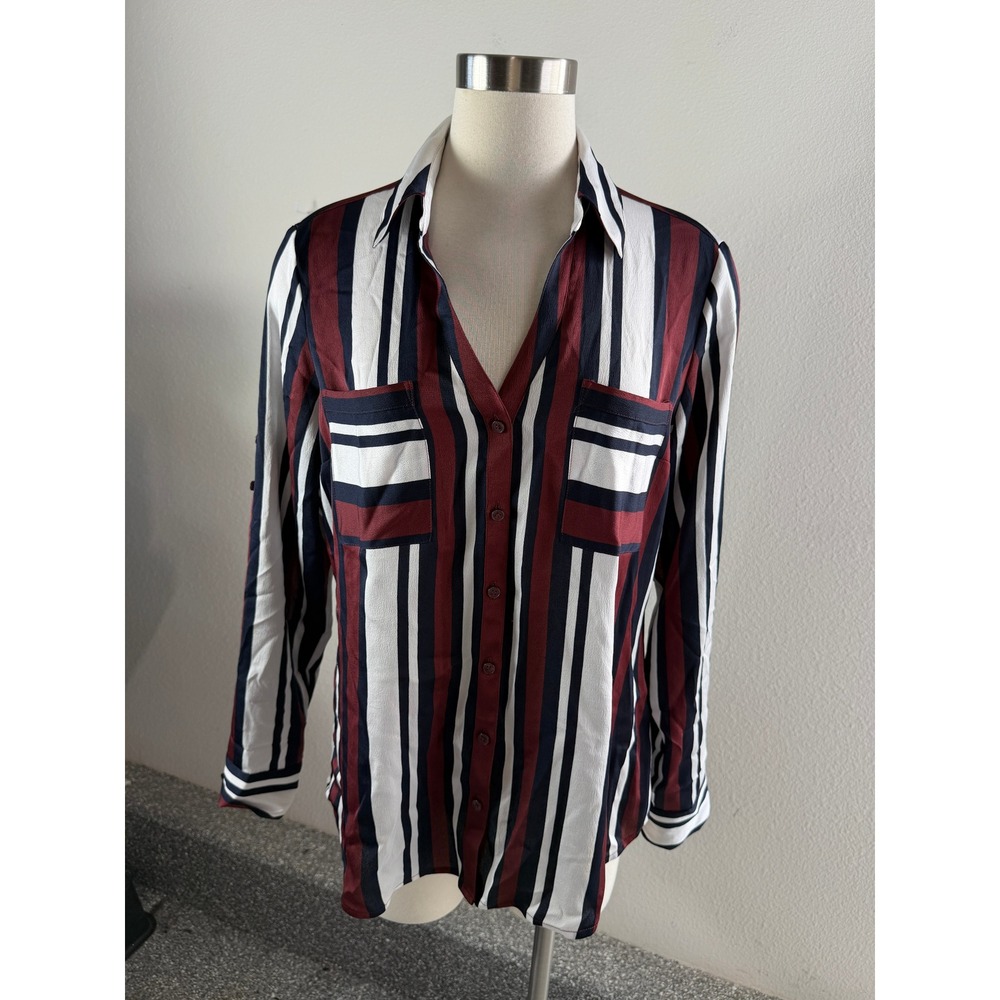 Express Portofino Shirt Womens Large Slim Stripe Button Up Navy Red White Blouse